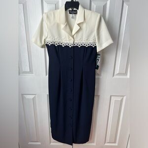 NWT Cream/Navy Vintage Button Dress - Size 4P